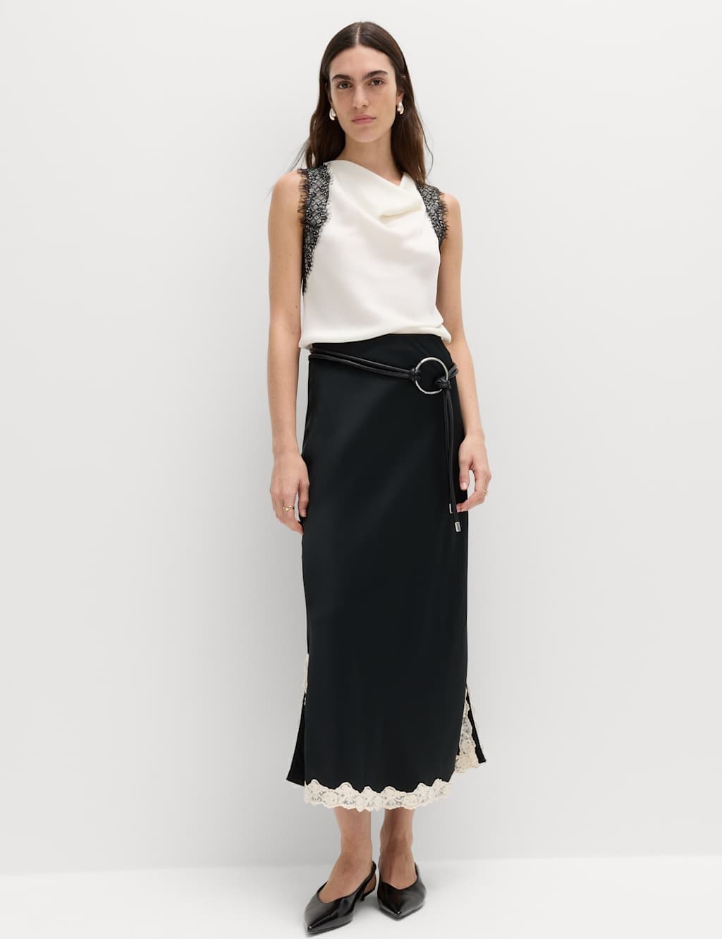 Marks & Spencer M&S Satin Lace Trim Midi Slip Skirt Black Mix