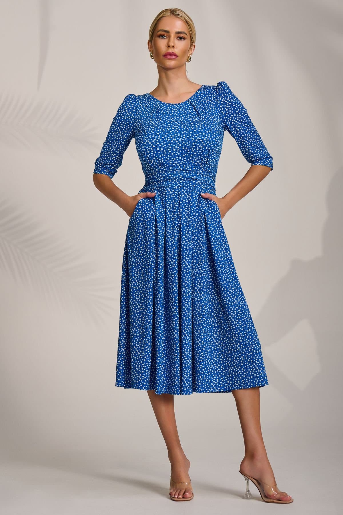 Jolie Moi Jolie Moi Women's Sleeve Printed Jersey Midi Dress in Blue
