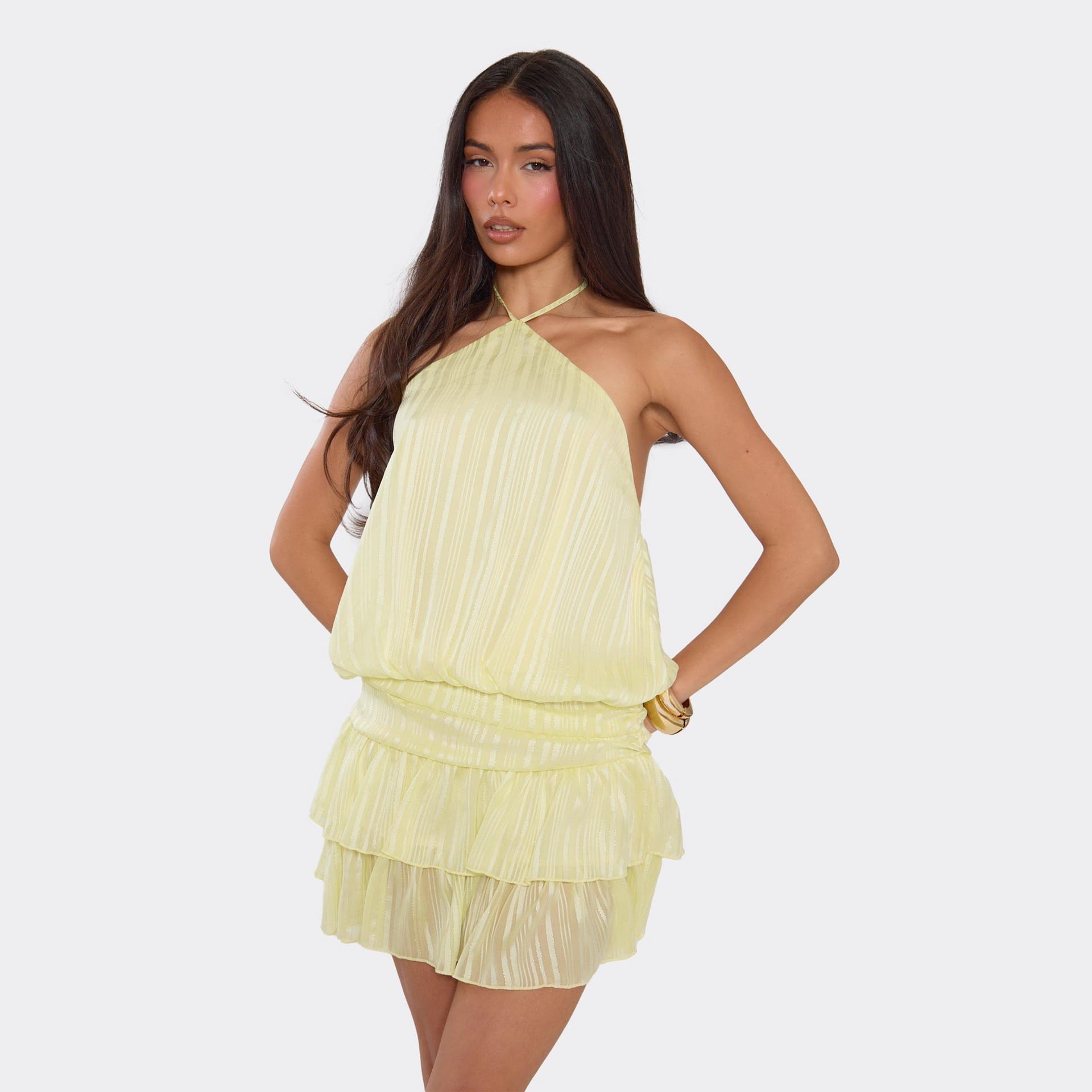 EGO High Neck Cross Front Blouson Tiered Hem Mini Dress In Lemon, Women's Size UK 6