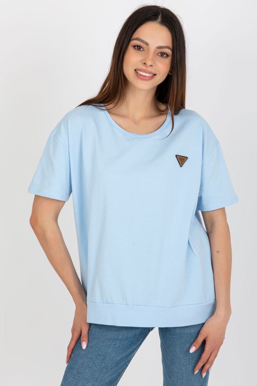 Love Lace Love Lace Blue Round Neck Short Sleeve Patch Blouse