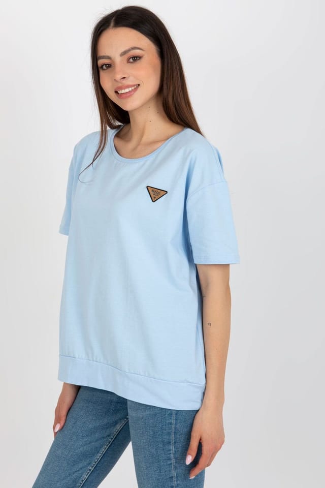 Love Lace Love Lace Women's Short Sleeve Round Neck Patch Blouse in Blue - 3