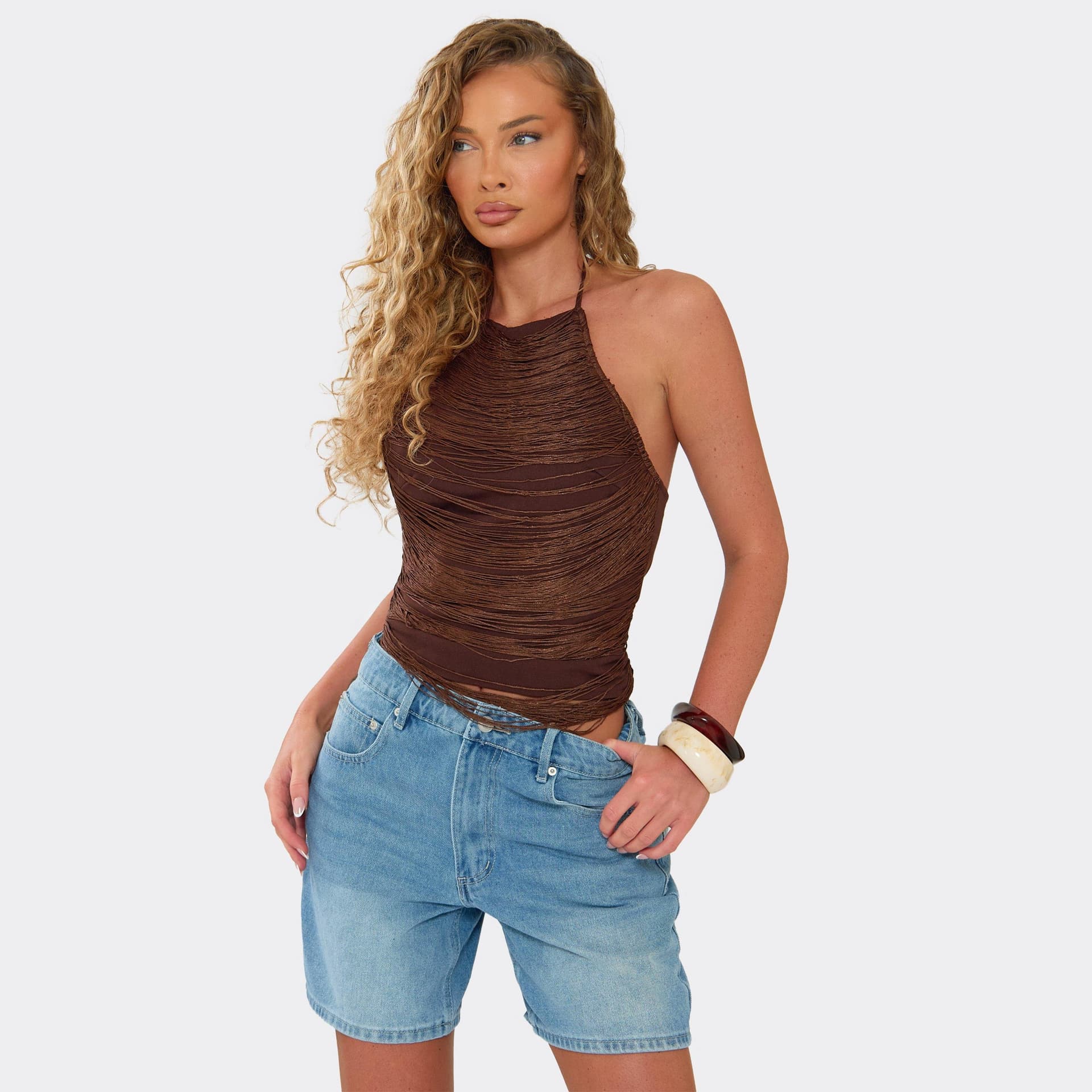 EGO Halterneck Fringe Detail Top In Chocolate, Women's Size UK M/L