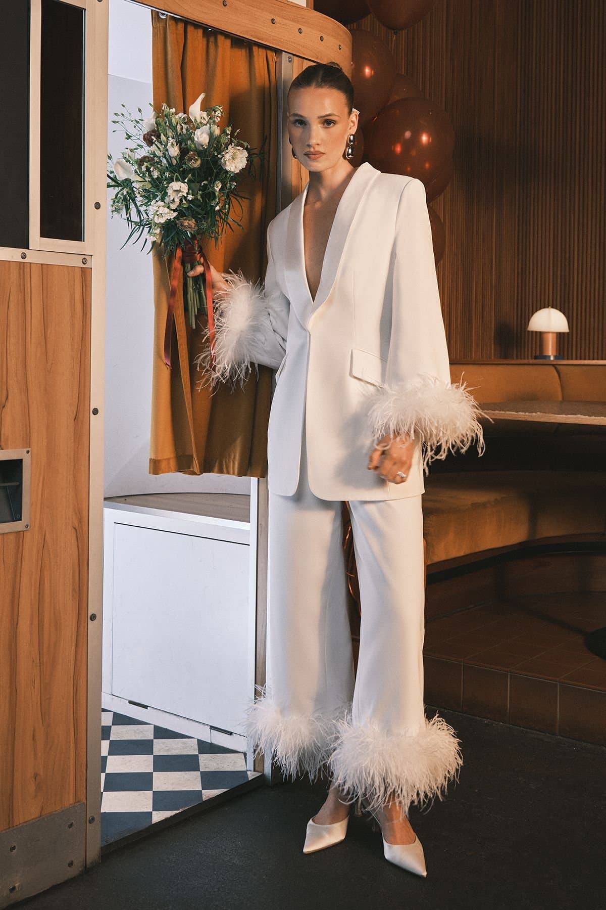 Coast Coast Women's Feather Trim Single Breasted Tux Style Wedding Blazer in Ivory