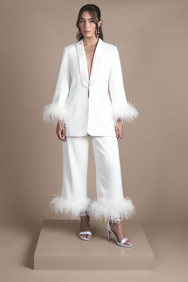 Coast Coast Women's Feather Trim Single Breasted Tux Style Wedding Blazer in Ivory - 2