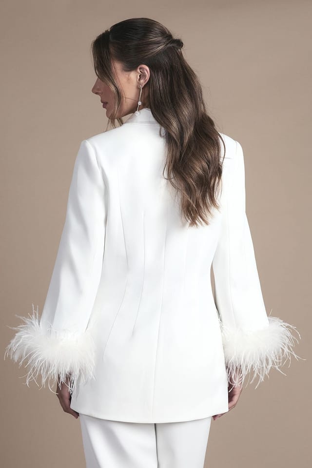 Coast Coast Women's Feather Trim Single Breasted Tux Style Wedding Blazer in Ivory - 3