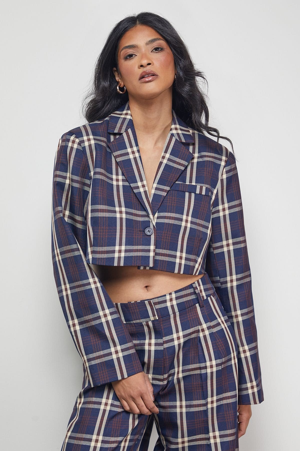 Warehouse Women's Navy Check Cropped Blazer Co-ord