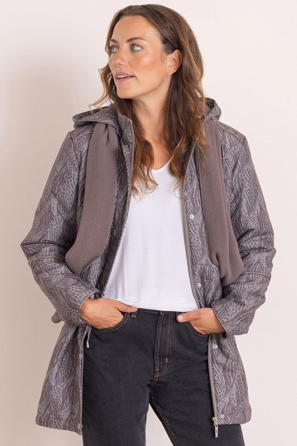 Anna Rose Anna Rose Women's Printed Coat With Scarf in Chocolate