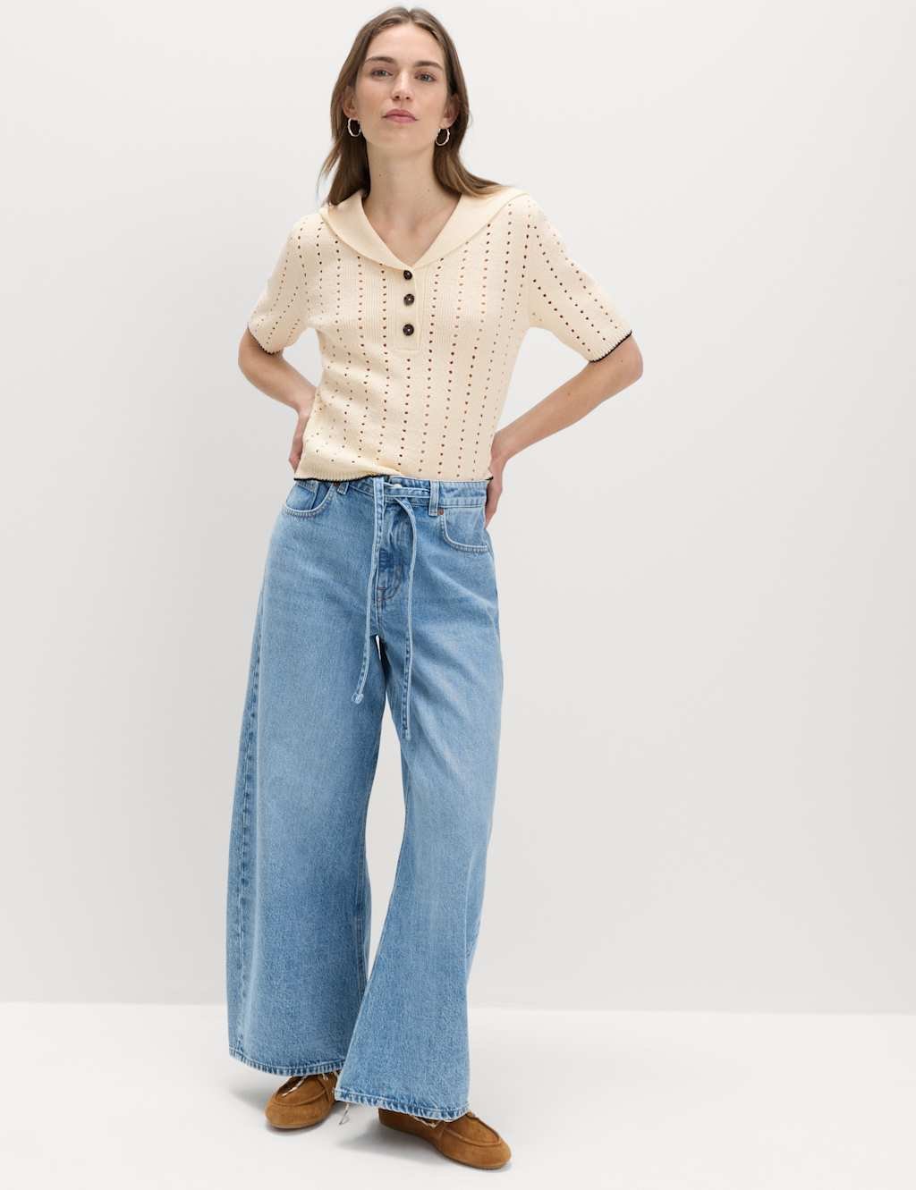 Marks & Spencer M&S Cotton Rich Pointelle Collared Knitted Top Ivory Mix - 4