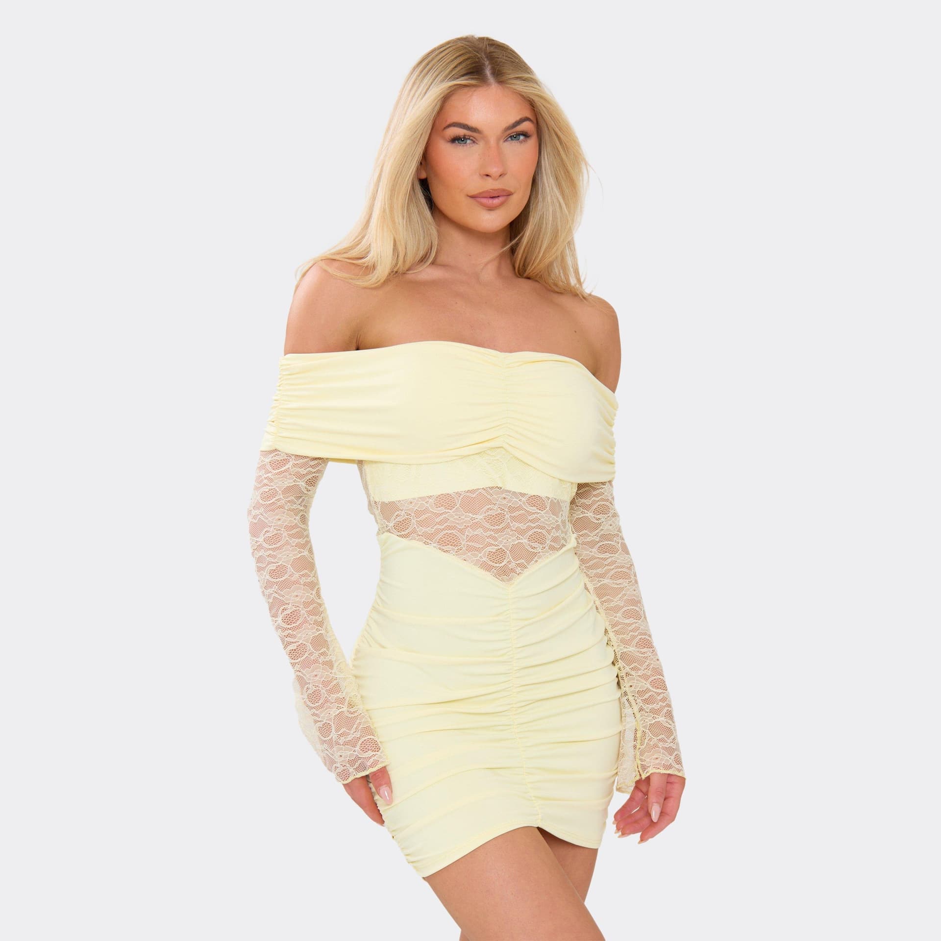 EGO Long Sleeve Bardot Contrast Lace Ruched Mini Dress In Yellow, Women's Size UK L