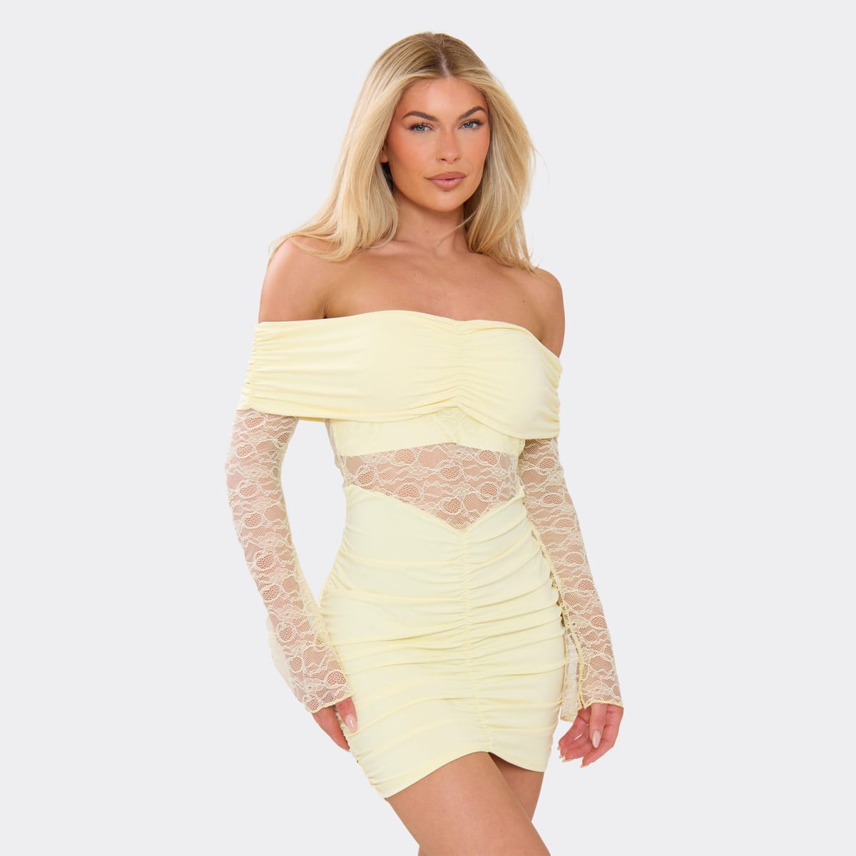 EGO Long Sleeve Bardot Contrast Lace Ruched Mini Dress In Yellow, Women's Size UK L - 1