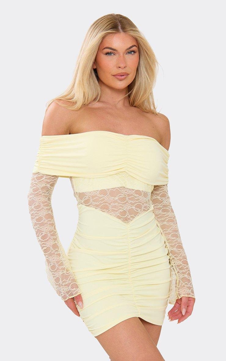 EGO Long Sleeve Bardot Contrast Lace Ruched Mini Dress In Yellow, Women's Size UK L - 2