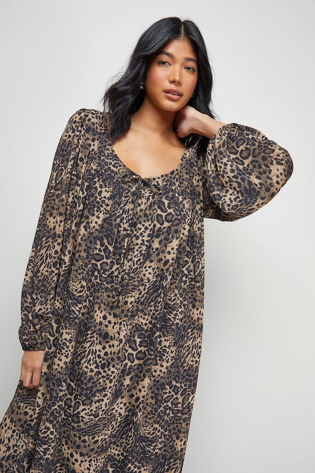 Warehouse Warehouse Women's Chiffon Tie Front Volume Midi Smock Dress in Leopard - 2