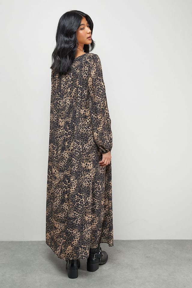 Warehouse Warehouse Women's Chiffon Tie Front Volume Midi Smock Dress in Leopard - 3