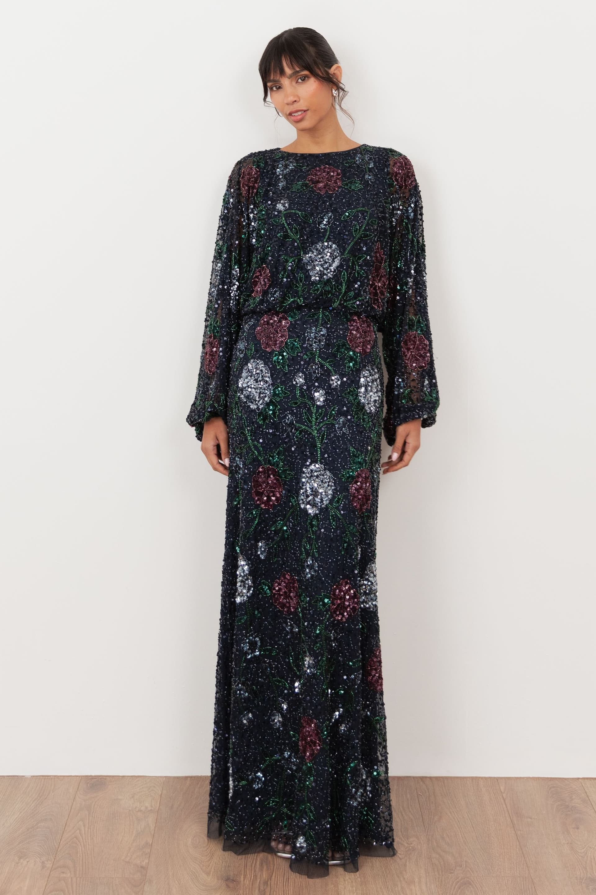 Maya Deluxe Maya Deluxe Women's Embellished Round Neck Long Blouson Sleeve Maxi Dress