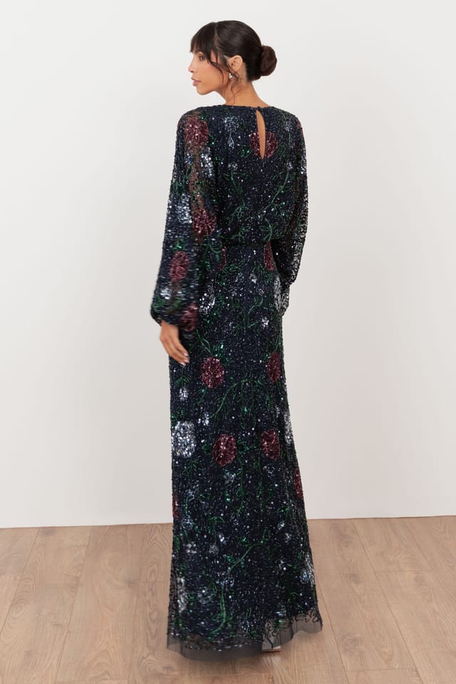 Maya Deluxe Maya Deluxe Women's Embellished Round Neck Long Blouson Sleeve Maxi Dress - 2