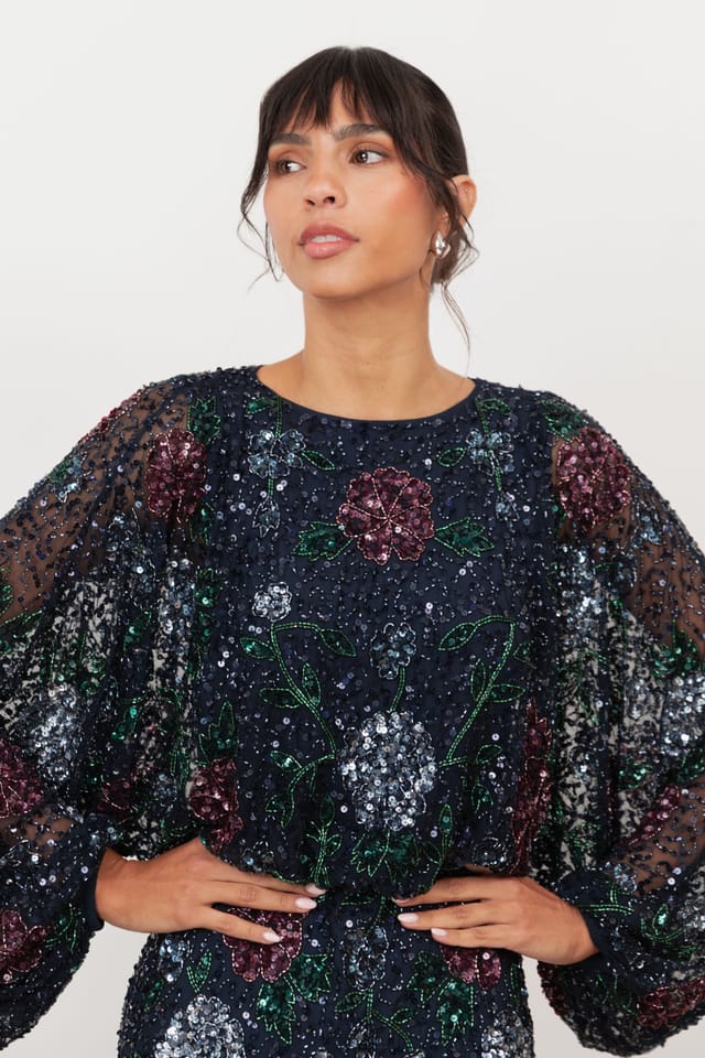 Maya Deluxe Maya Deluxe Women's Embellished Round Neck Long Blouson Sleeve Maxi Dress - 3