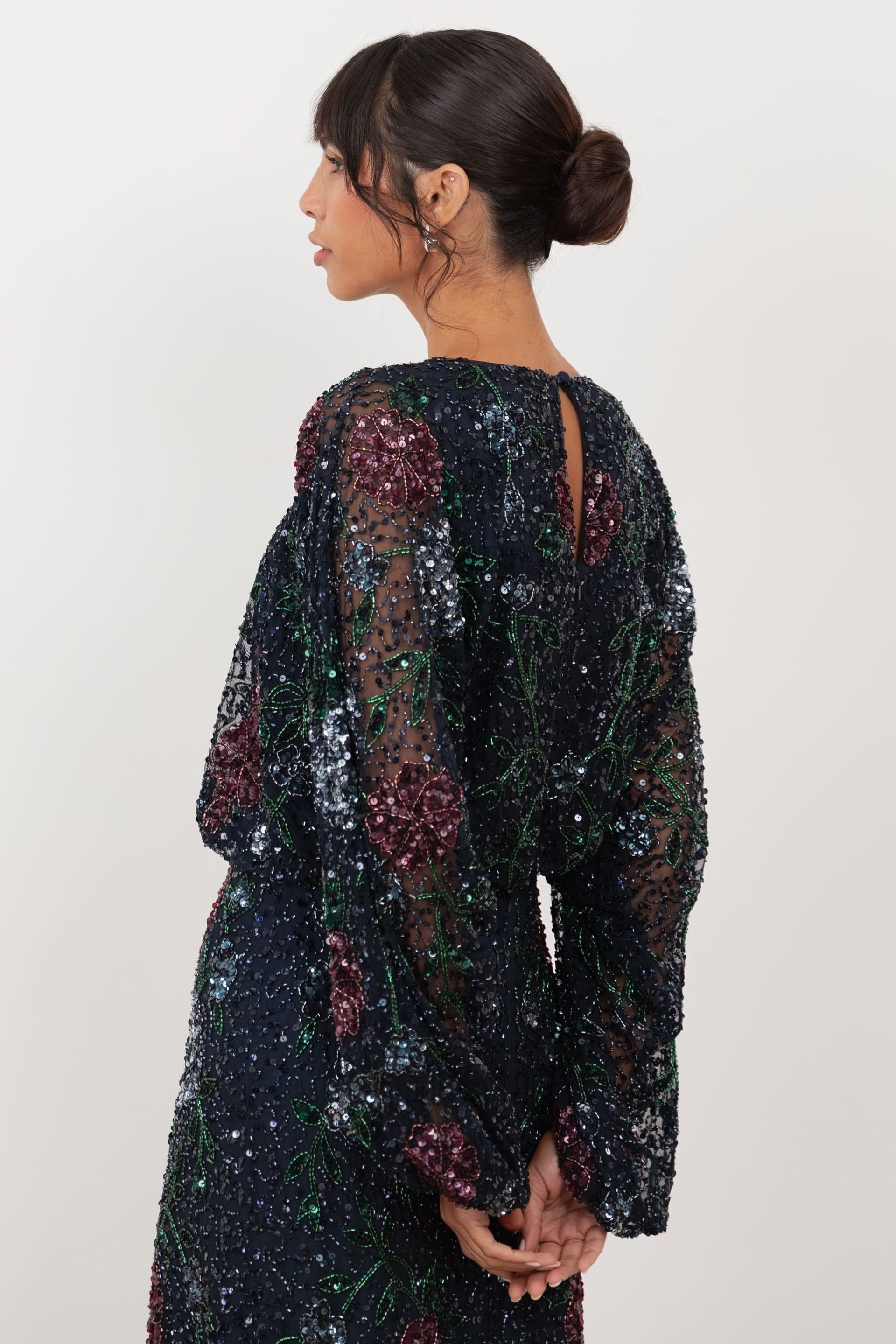 Maya Deluxe Maya Deluxe Women's Embellished Round Neck Long Blouson Sleeve Maxi Dress - 4