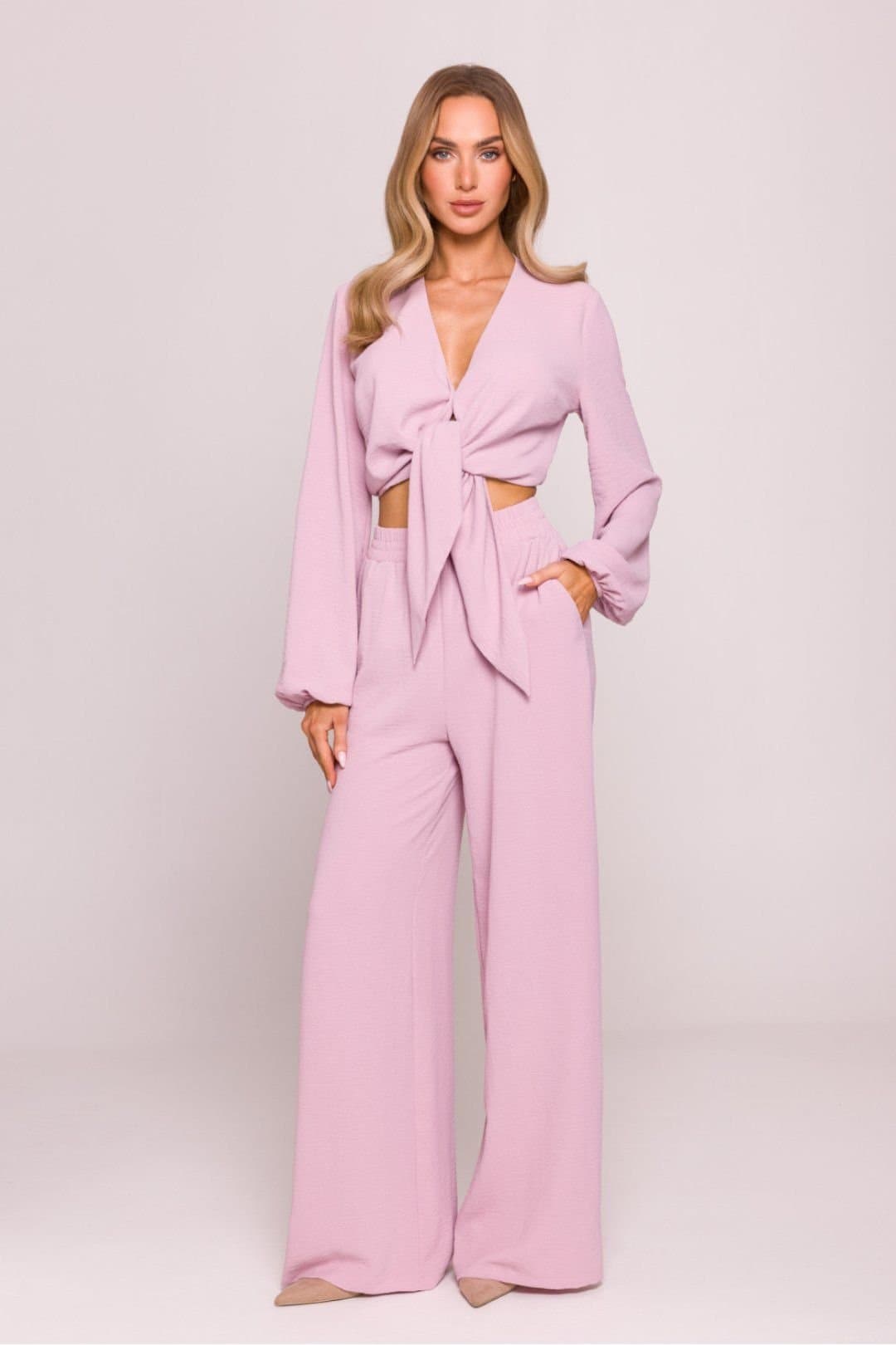 Love Lace Love Lace Women's Matte Crepe Wide Leg Trousers with Elastic in Pink