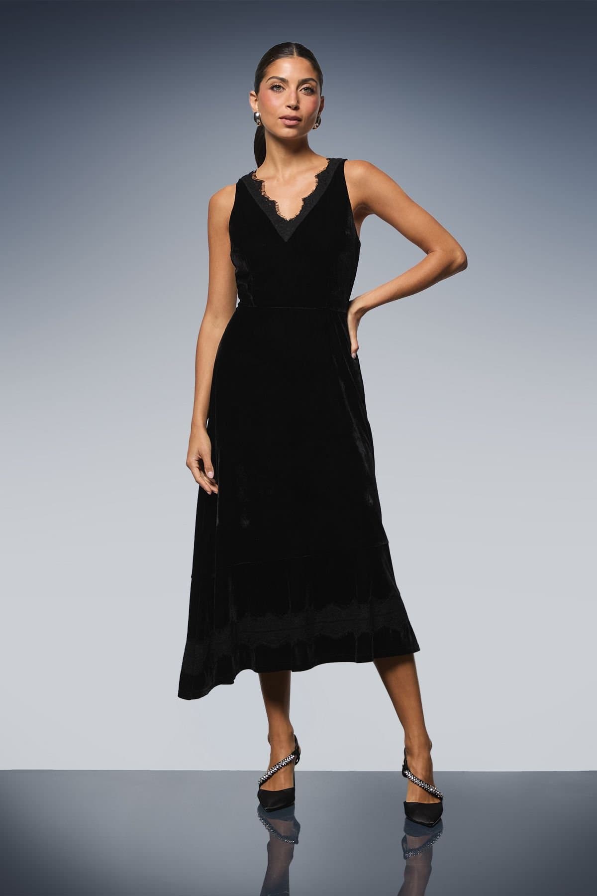 Wallis Wallis Black Velvet Lace Midi Dress