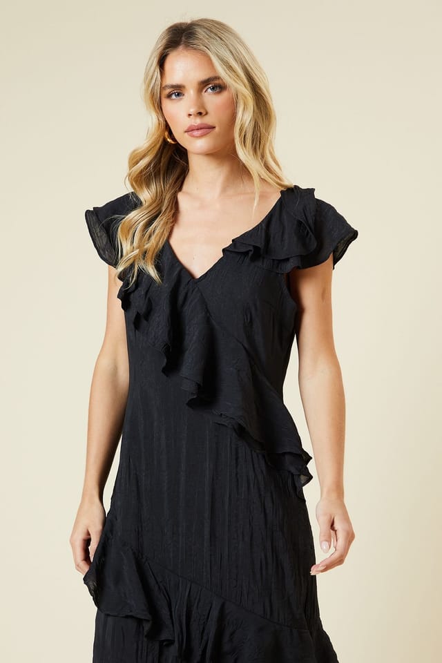 Dorothy Perkins Dorothy Perkins Women's Petite DP Luxe Textured Sleeveless Ruffle Midi Dress in Black - 2