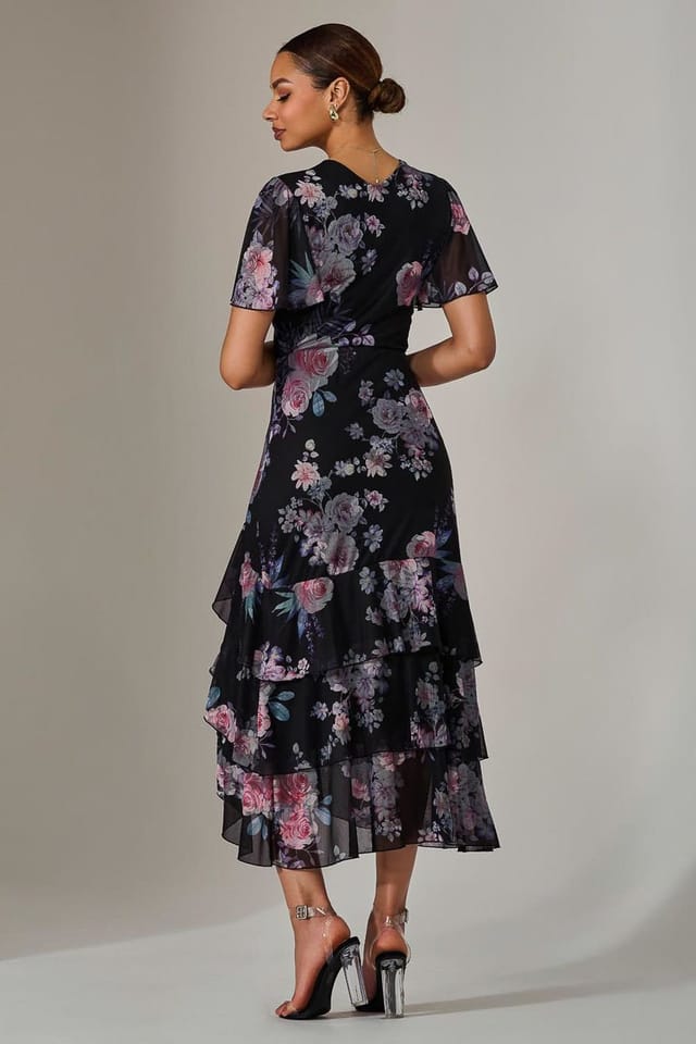 Jolie Moi Jolie Moi Women's Mesh Print Frill Hem Midaxi Dress in Black - 2