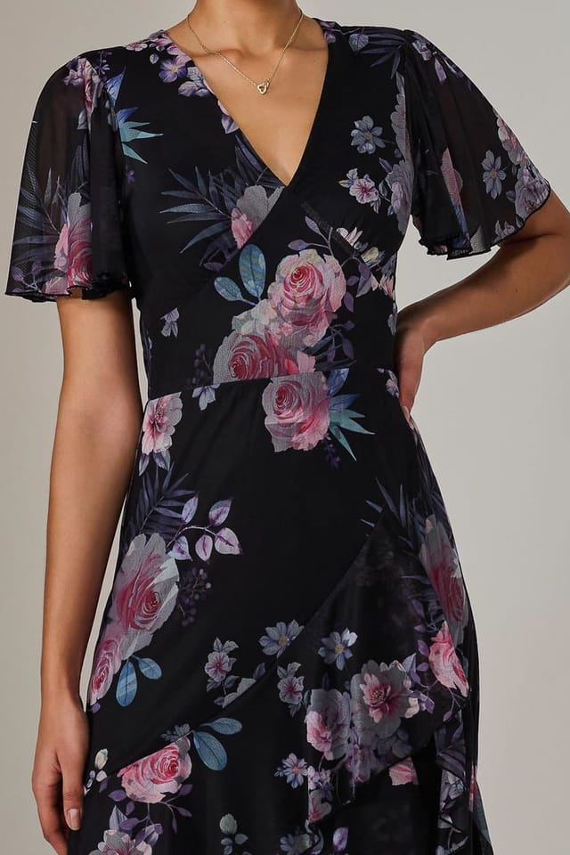 Jolie Moi Jolie Moi Women's Mesh Print Frill Hem Midaxi Dress in Black - 3