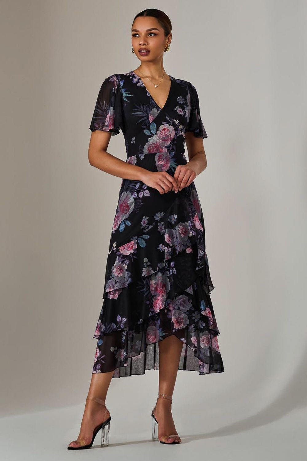 Jolie Moi Jolie Moi Women's Mesh Print Frill Hem Midaxi Dress in Black - 4