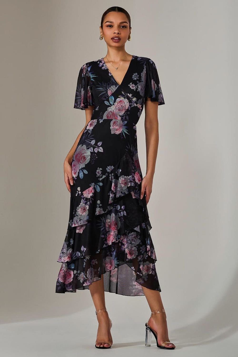 Jolie Moi Jolie Moi Women's Mesh Print Frill Hem Midaxi Dress in Black - 4