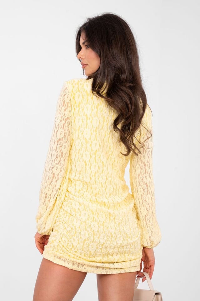 Love Lace Love Lace Women's Elegant Lace Mini Dress with Puff Sleeves in Yellow - 3