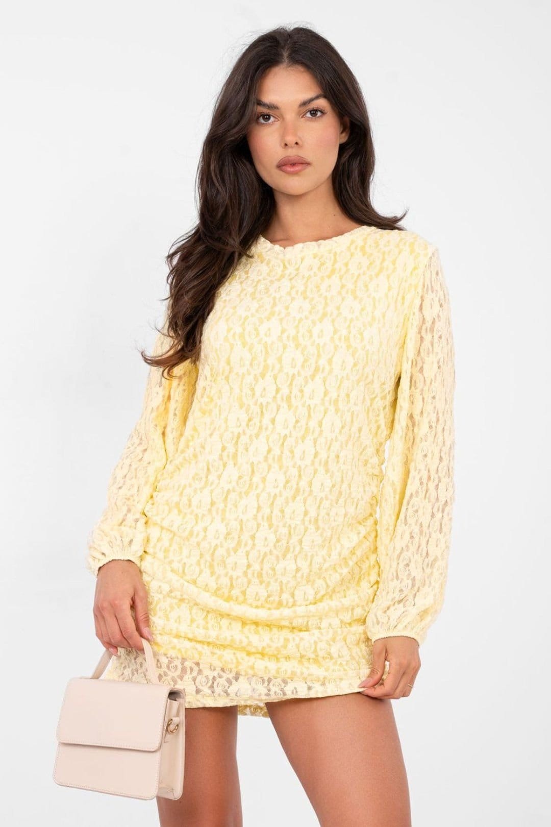 Love Lace Love Lace Women's Elegant Lace Mini Dress with Puff Sleeves in Yellow - 4