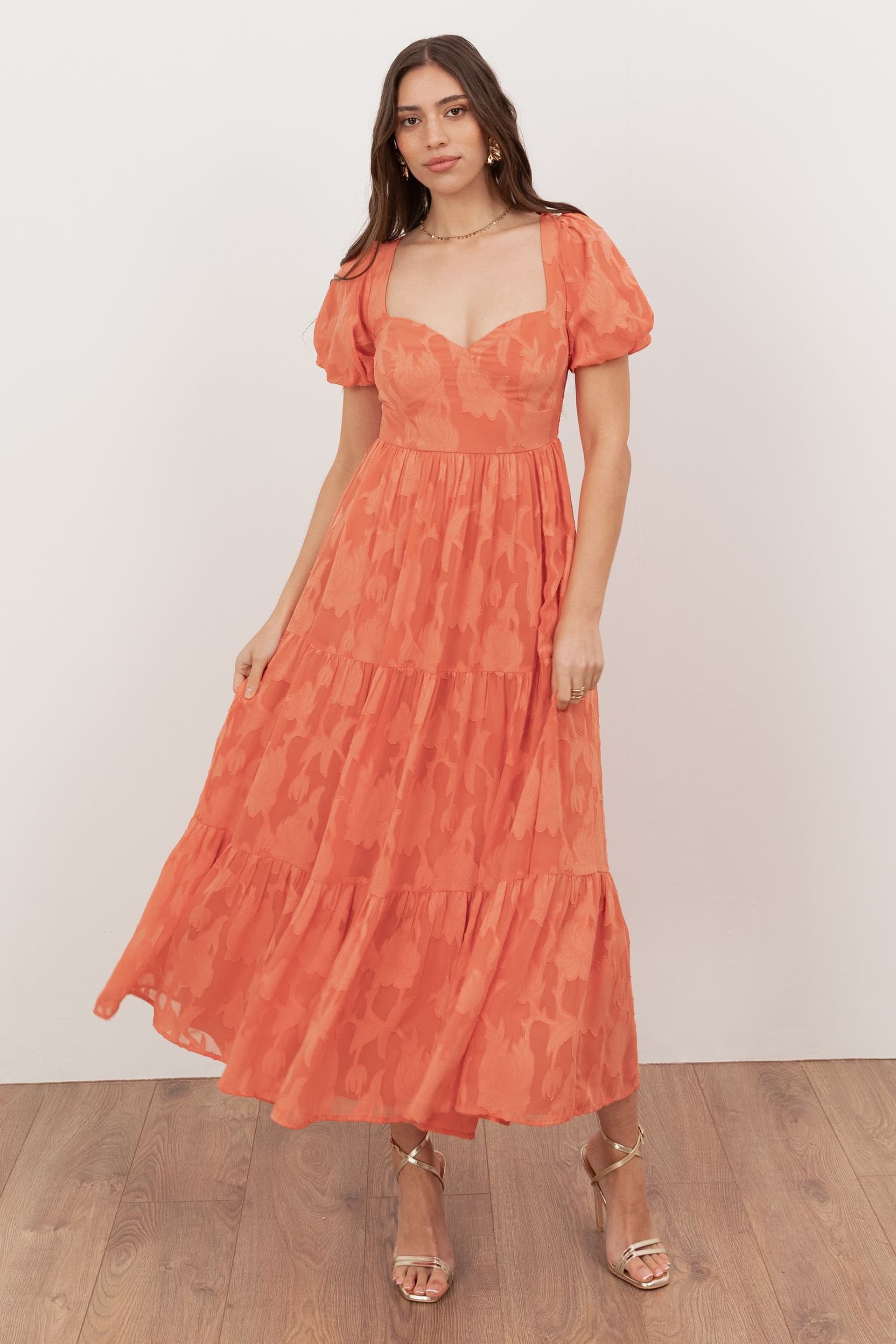 Anaya with Love Anaya with Love Women's Floral Burnout Sweetheart Neck Puff Sleeve Midaxi Dress in Coral