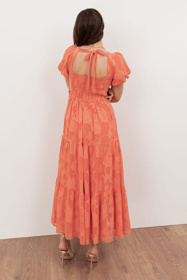 Anaya with Love Anaya with Love Women's Floral Burnout Sweetheart Neck Puff Sleeve Midaxi Dress in Coral - 2