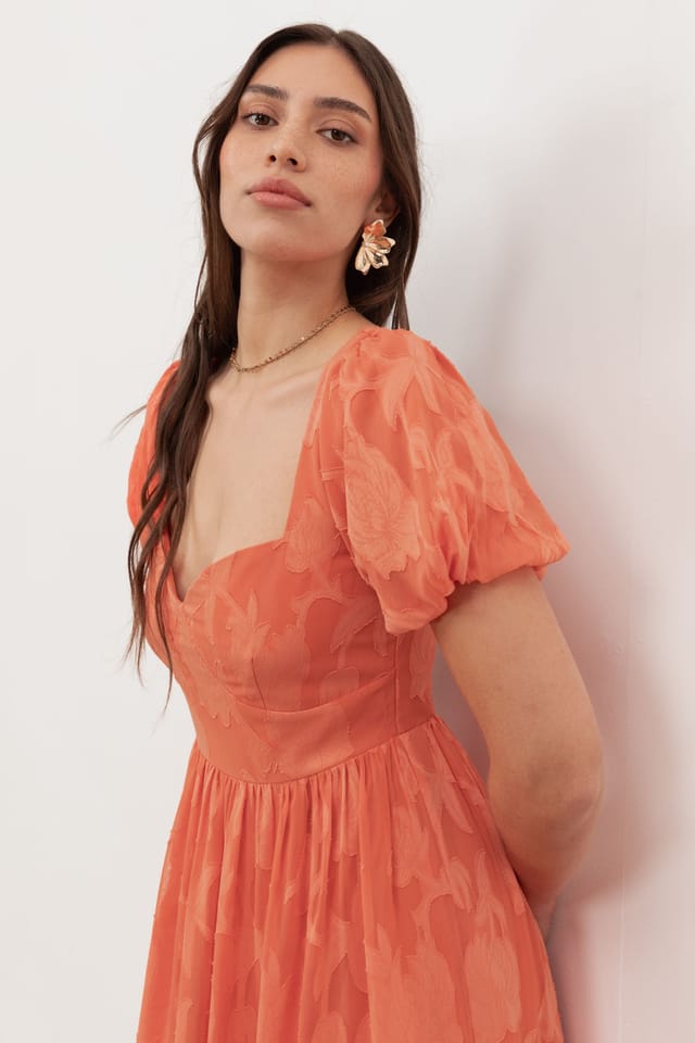 Anaya with Love Anaya with Love Women's Floral Burnout Sweetheart Neck Puff Sleeve Midaxi Dress in Coral - 3