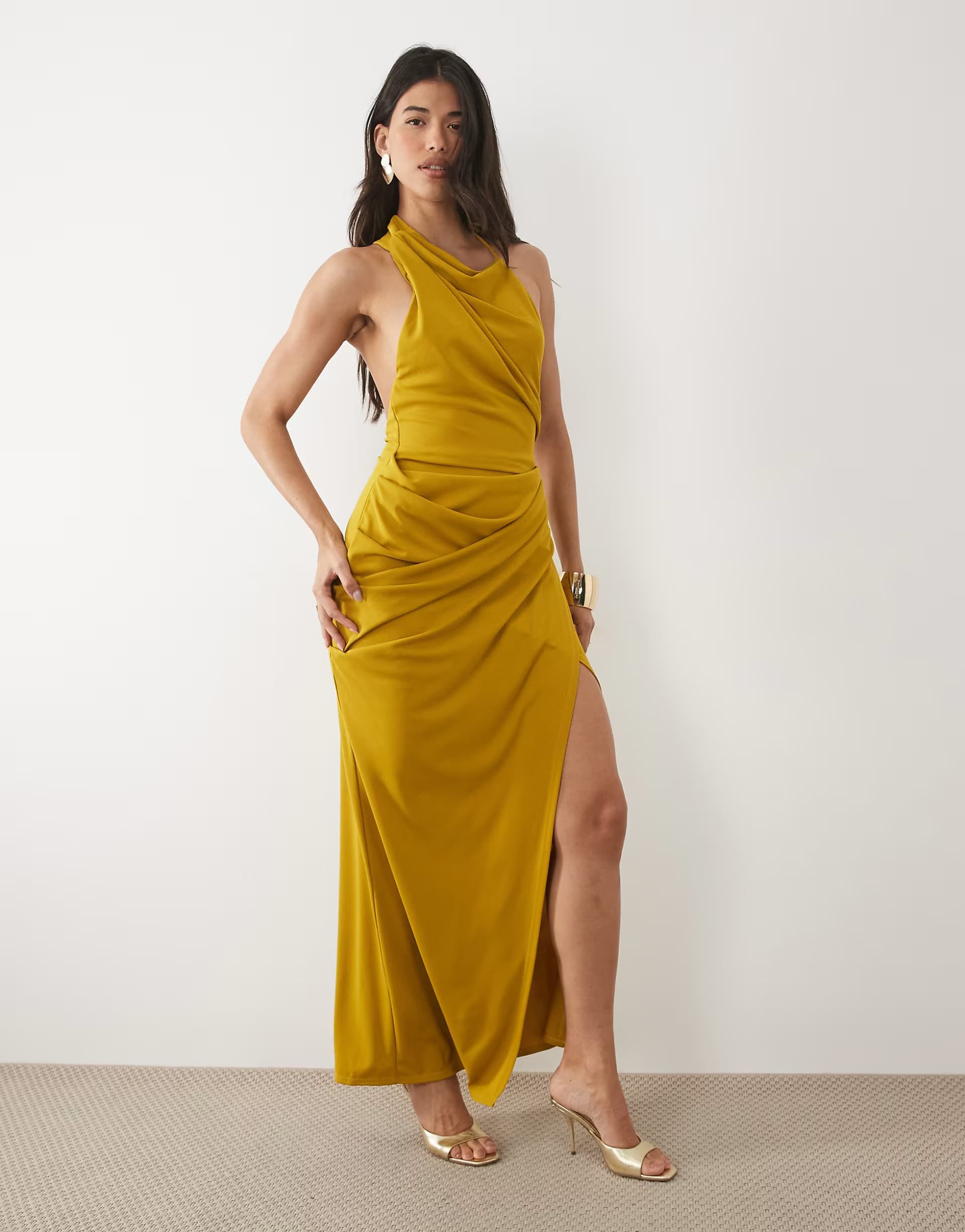 ASOS ASOS DESIGN ruched waist high neck maxi dress with open back in ochre