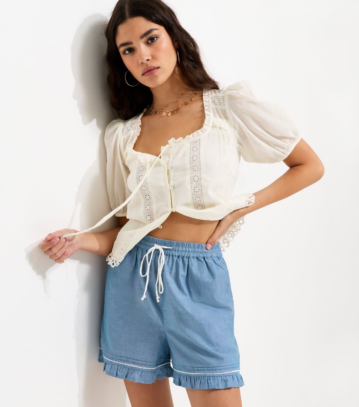 New Look Women's Blue Chambray Frilly Trim Shorts New Look