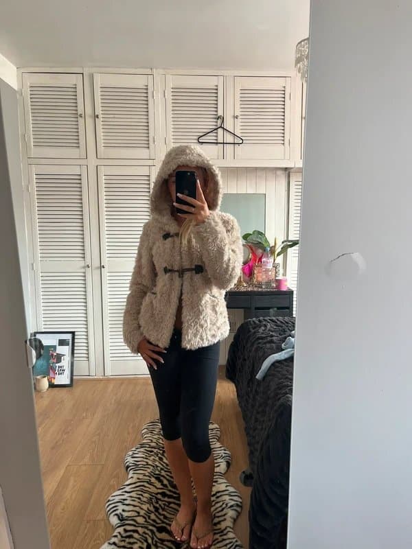New Look Cream buckle detail fur coat with hood