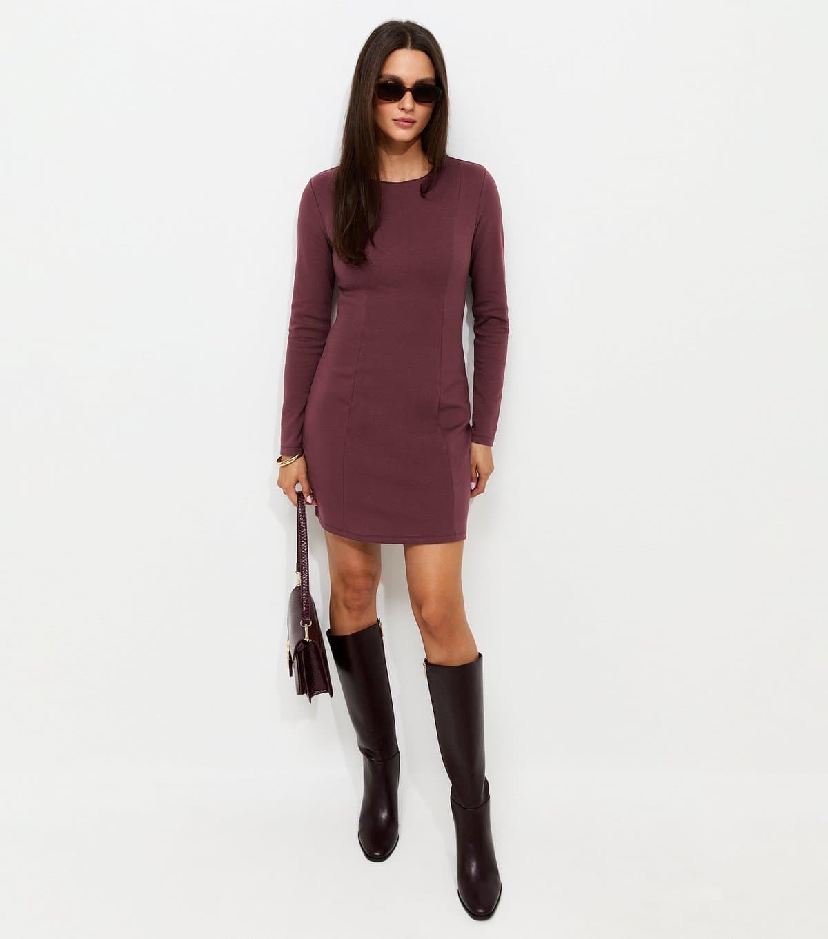 New Look Women's Dark Purple Cotton Rich Ponte Long Sleeve High Neck Mini Dress New Look
