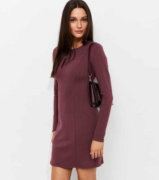 New Look Women's Dark Purple Cotton Rich Ponte Long Sleeve High Neck Mini Dress New Look - 3