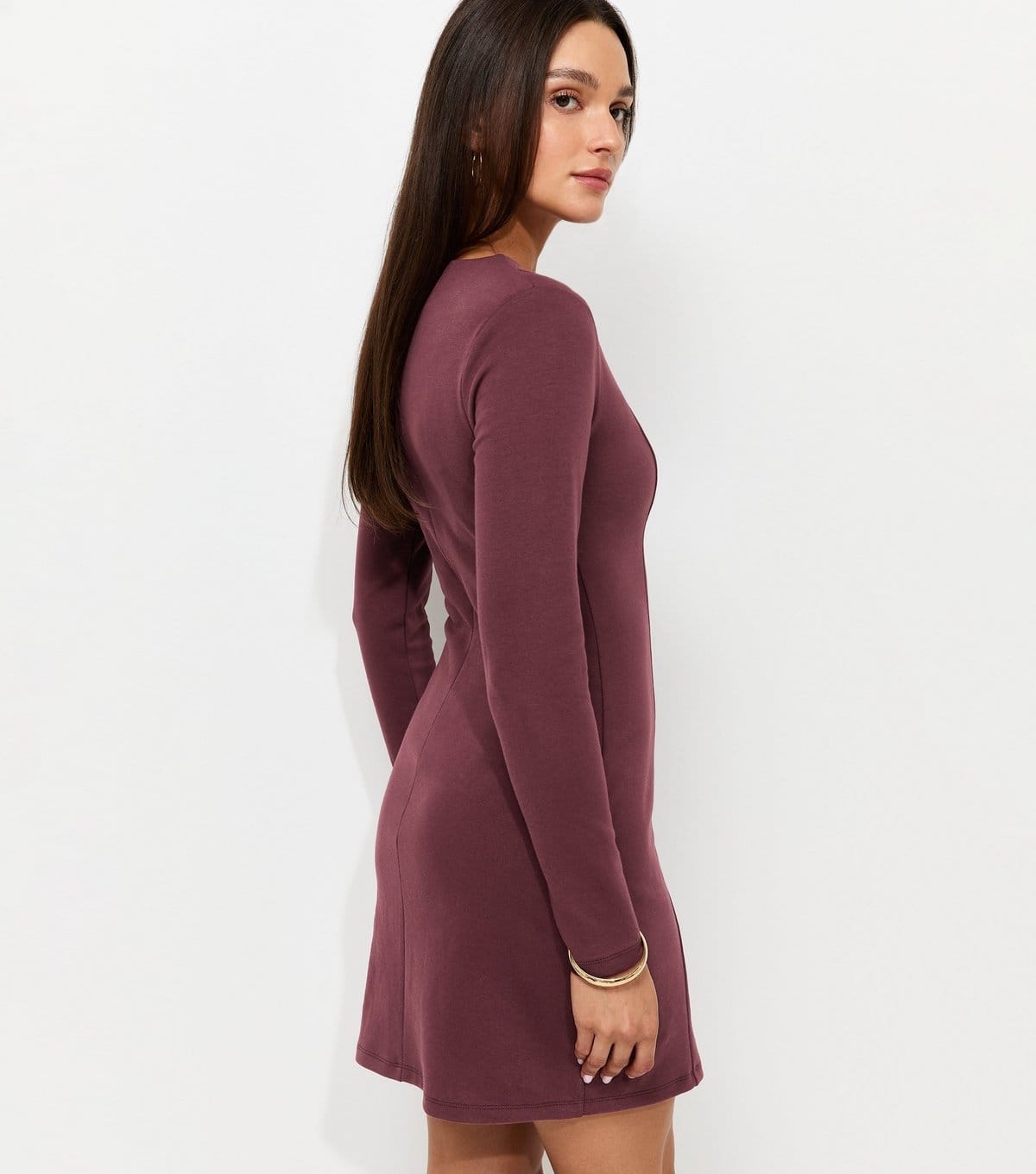 New Look Women's Dark Purple Cotton Rich Ponte Long Sleeve High Neck Mini Dress New Look - 4