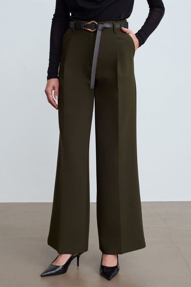 Dilvin Dilvin Women's Belted Wide-Leg Trousers in Olive - 3