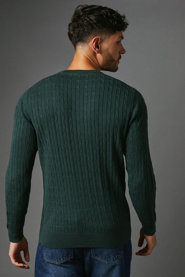 Maine Maine Men's Premium Pure Cotton Cable Crew Neck Jumper in Dark Green - 3