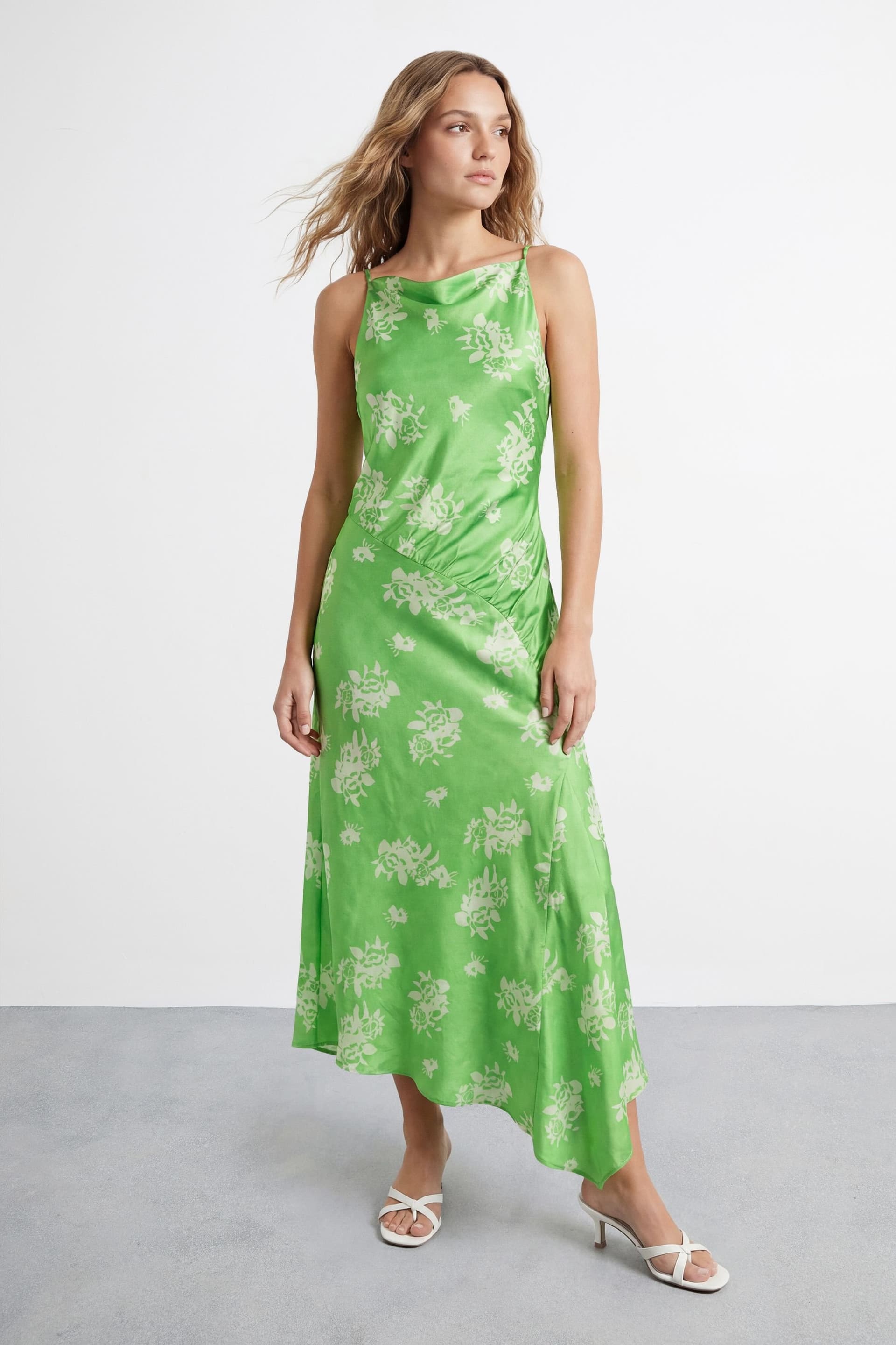 Warehouse Warehouse Women's Floral Printed Racer Neck Seam Detail Bias Maxi Dress in Green