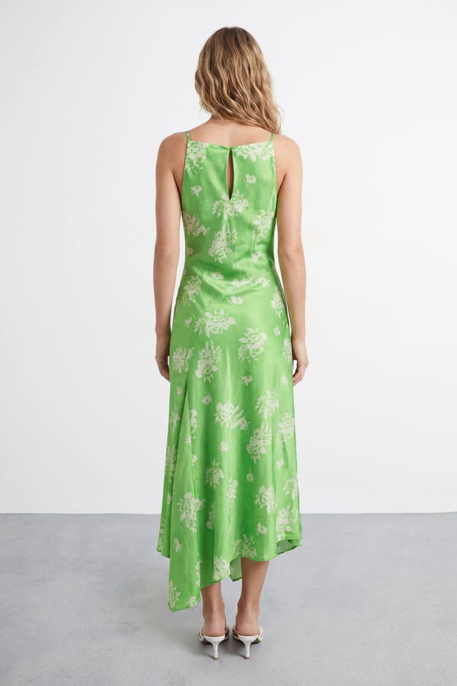 Warehouse Warehouse Women's Floral Printed Racer Neck Seam Detail Bias Maxi Dress in Green - 3