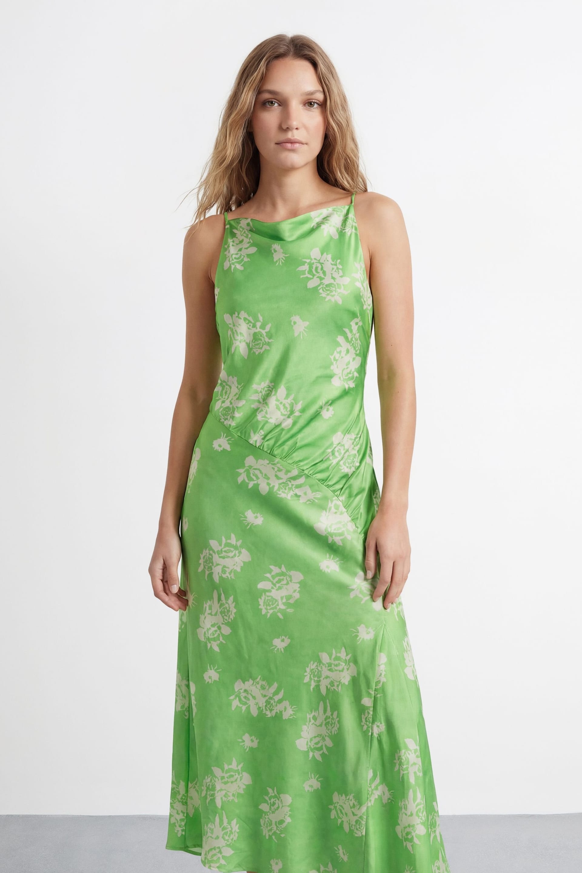 Warehouse Warehouse Women's Floral Printed Racer Neck Seam Detail Bias Maxi Dress in Green - 4