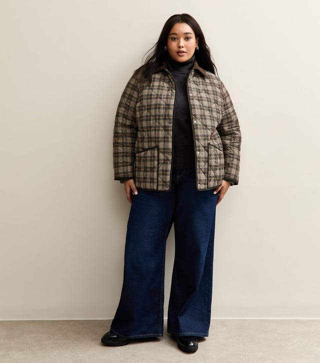 New Look Women's Plus Size Brown Checked Quilted Padded Jacket Curves New Look - 2