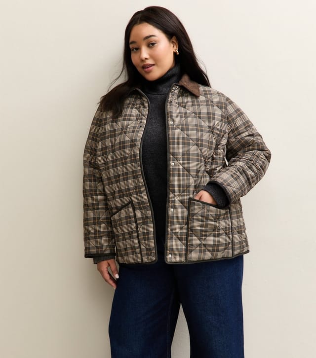 New Look Women's Plus Size Brown Checked Quilted Padded Jacket Curves New Look - 3