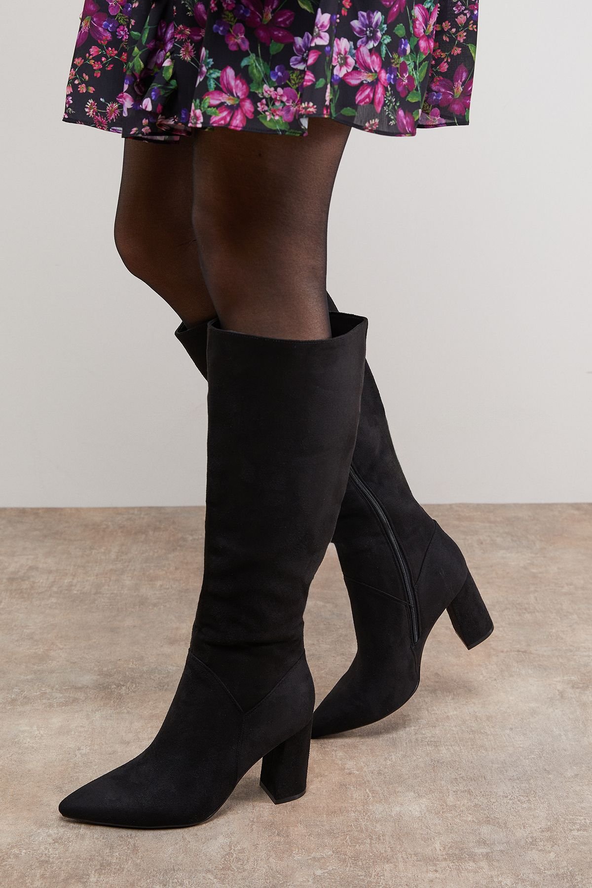 Oasis Oasis Women's Jemima Faux Suede High Block Heel Pointed Knee Boots in Natural Black - 2