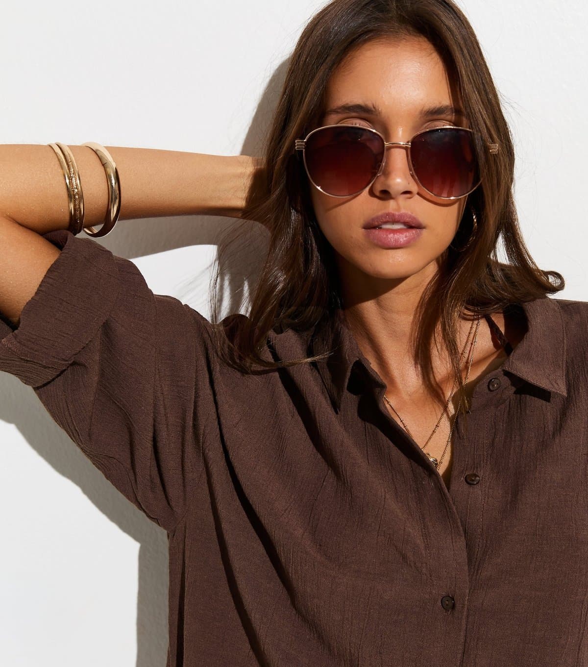 New Look New Look Oversized Dark Brown Textured Beach Shirt