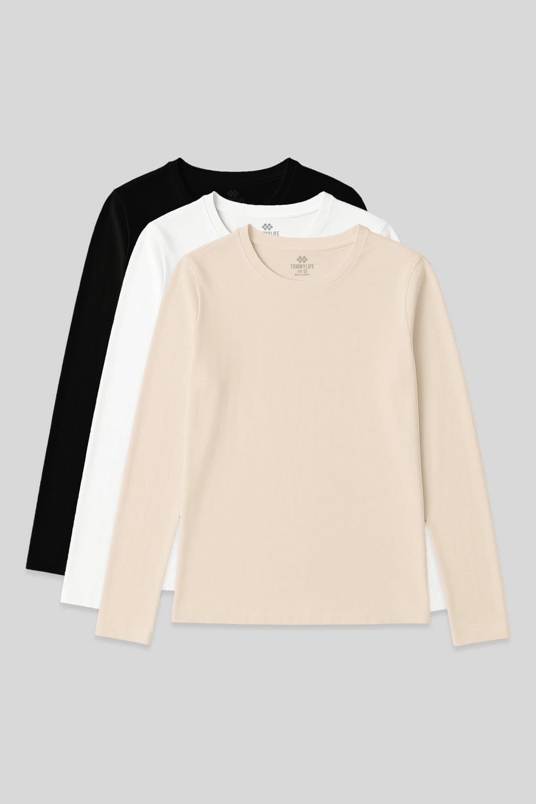 Tommy Life Tommy Life Women's Long-Sleeve Crew Neck T-Shirt in Light Beige
