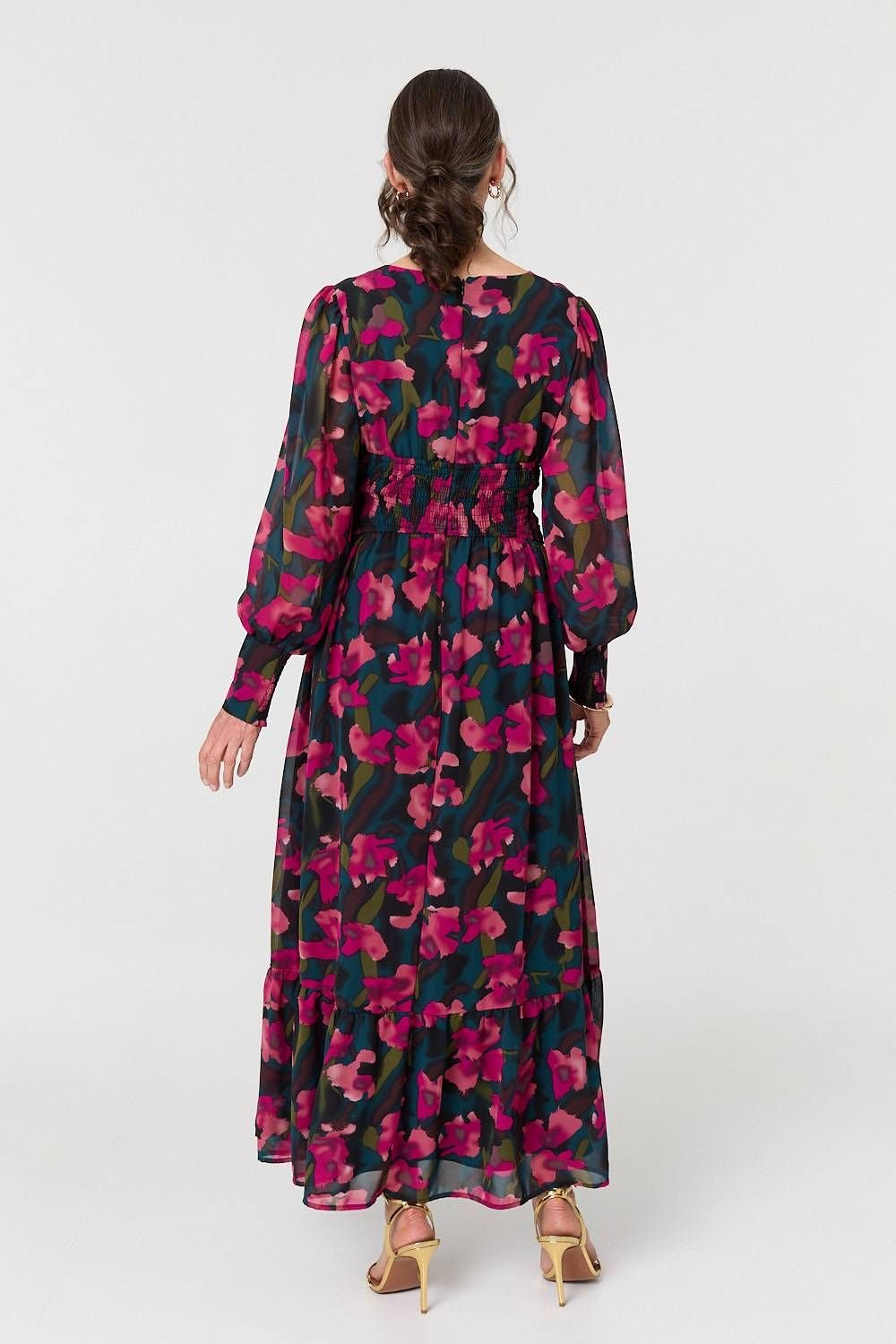 Izabel London Izabel London Women's Floral Ruched Long Sleeve Maxi Dress in Green - 2